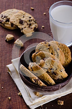 Chocolate chip cookies in a bowl on wooden table