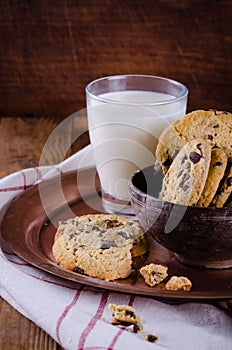 Chocolate chip cookies in a bowl on wooden table
