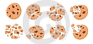 Chocolate chip cookies. Cartoon bitten broken sweet bakery with crumbs, pieces of round sweets. Vector desserts isolated