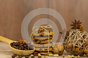 Chocolate chip cookies. Cinnamon sticks, cardamom and star anise.