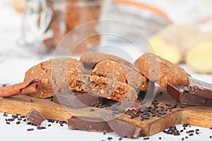 Chocolate chip cookies in a cookie jar.