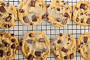 Chocolate chip cookies on cooling rack upclose