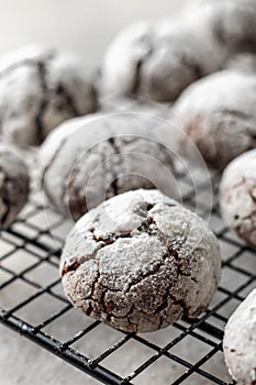 Chocolate chip cookies with cracks close up. Metallic rack with fresh baked chocolate crinkle cookies in icing sugar on