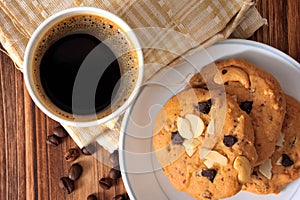 Chocolate chip cookies and a cup of black coffee