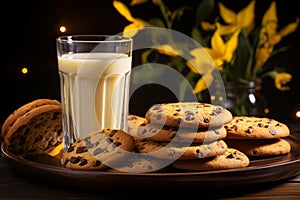 chocolate chip cookies and glass of milk on a wooden plate on a dark background with yellow daffodils banco de imagens