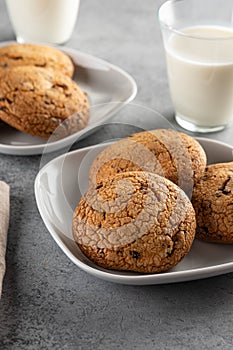 Chocolate chip cookies with milk on grey table. Copy space