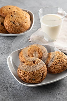 Chocolate chip cookies with milk on grey table. Copy space