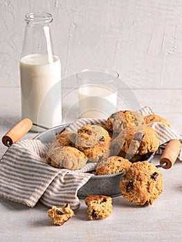 Chocolate chip cookies with milk on white background