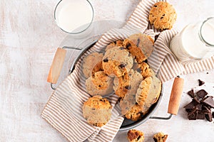 Chocolate chip cookies with milk on white background