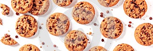 Chocolate chip cookies panorama on a white background