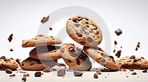 Chocolate chip cookies with pieces of chocolate on a white background