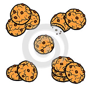 Chocolate chip cookies set. Collection icon chocolate chip cookies. Vector