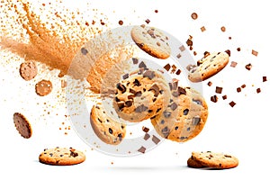 Chocolate chip cookies with splashes isolated on white background. Generative AI