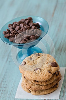 Chocolate Chip Cookies Stack with Chips in a Bowl