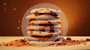 Chocolate chip cookies stacked on brown background. Shallow dof