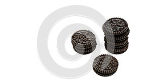 Chocolate chip cookies stacked in a stack. On white background. Breakfast.