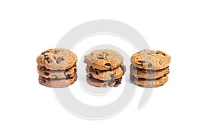 Chocolate chip cookies three pieces stacked three stack