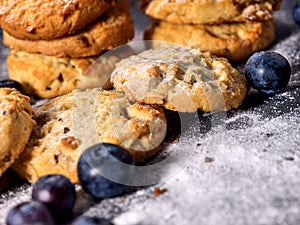 Chocolate chip cookies tied with string. Serving food on slate