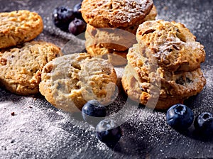 Chocolate chip cookies tied with string on shop window display