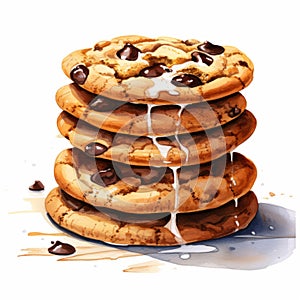 Chocolate Chip Cookies Watercolor Clipart On White Background