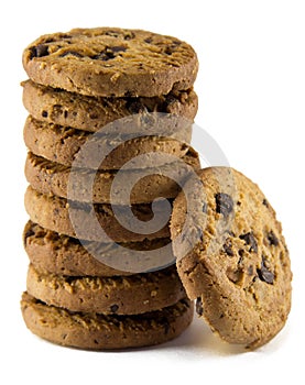 Chocolate chip cookies on white background