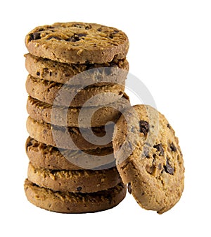 Chocolate chip cookies on white background