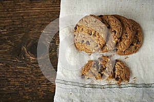 Chocolate chip cookies on withe cheesecloth