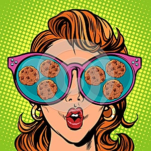 Chocolate chip cookies. Woman reflection in glasses