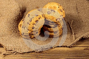 Chocolate chip cookies on wooden table