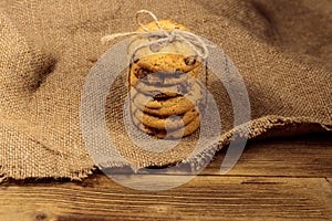 Chocolate chip cookies on wooden table