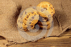 Chocolate chip cookies on wooden table