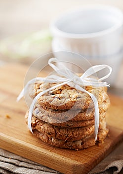 Chocolate chip cookies on wooden table