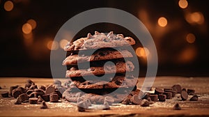Chocolate chip cookies on wooden table with bokeh background