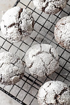 Chocolate chip cracked cookies. Metallic rack with fresh baked chocolate crinkle cookies in icing sugar on white