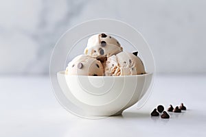 Chocolate chip ice cream in a white bowl on white countertop, generative AI