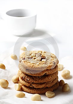 The chocolate chip and macadamia cookies on dish set for coffee break