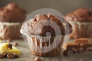 Chocolate chip muffin with chocolate bar. White and dark chocolate