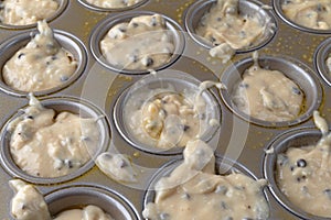 Chocolate chip muffin batter in a baking pan