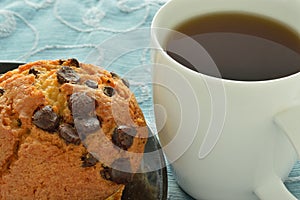 Chocolate chip muffin and a cup of coffee.