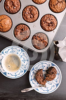 Chocolate chip muffins and coffee