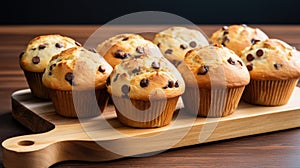 Chocolate chip muffins on wooden background