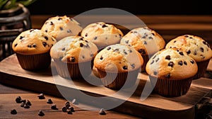 Chocolate chip muffins on wooden background