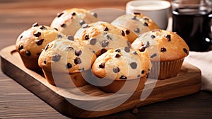 Chocolate chip muffins on wooden background