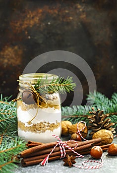 Chocolate chips cookie mix for Christmas gift in jar.