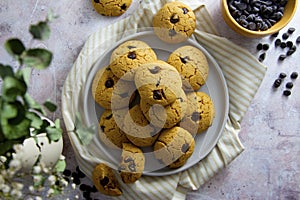 Chocolate chips cookies in a plate, homemade baked goods