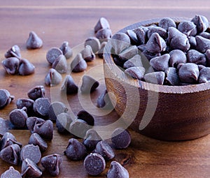 Chocolate Chips In Wooden Bowl