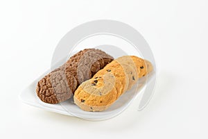 Chocolate and Choc Chip cookies or biscuits