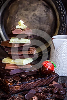 Chocolate / Chocolate bar / chocolate background/chocolate tower and strawberry