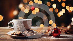 chocolate with Christmas cookies, background with blurred golden magic lights