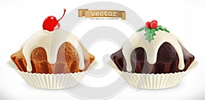 Chocolate christmas cupcake, fairy cake with cherry. 3d vector icon